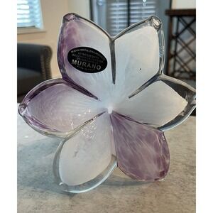 Murano Purple & White Art Glass w/ Six Petals Flower & a Curled Stem